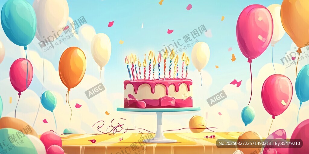 生日派对蛋糕与多彩气球
