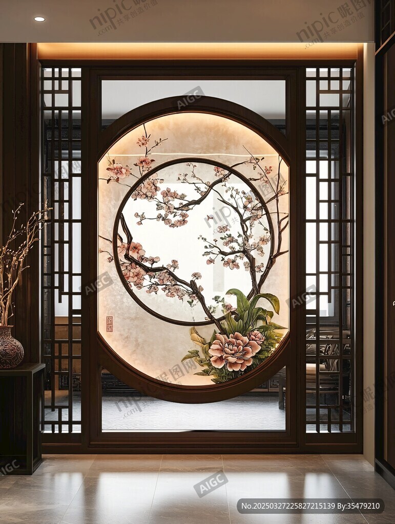 中式圆窗屏风雅致之景