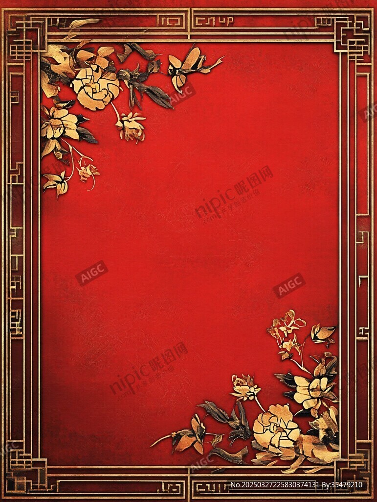 中式红底花卉边框背景图