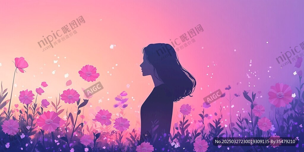 花海中的孤独女性剪影