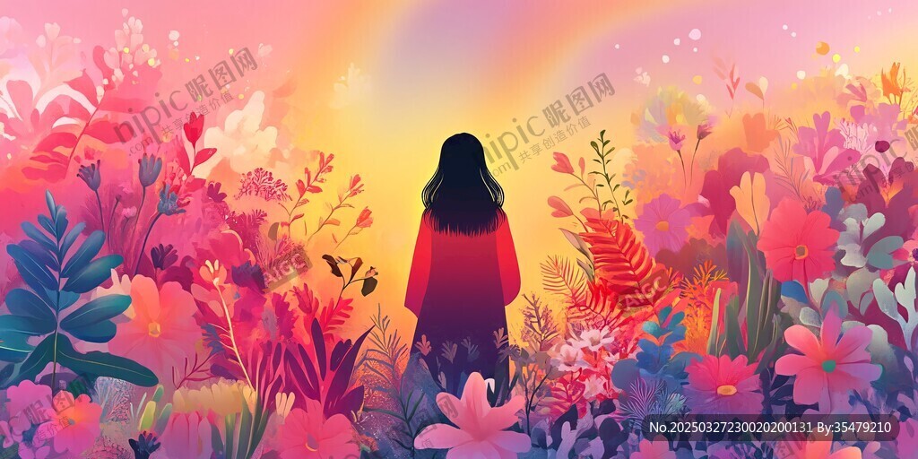 女孩漫步梦幻花海世界