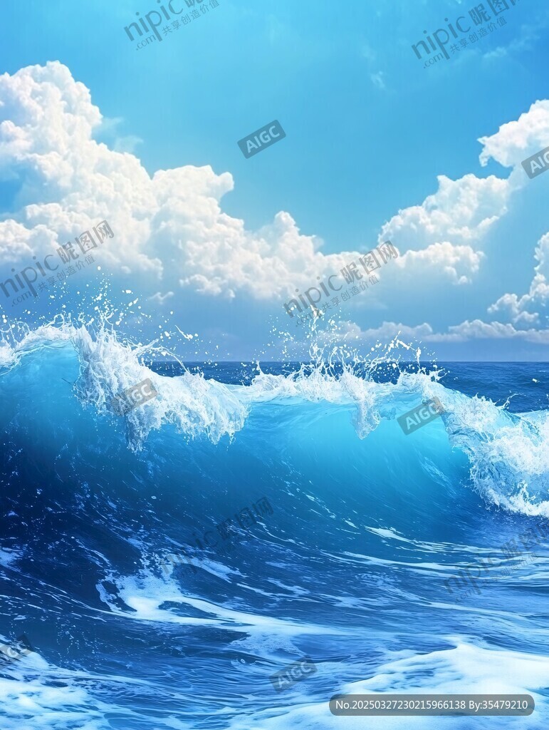 蓝色海洋浪花与白云美景