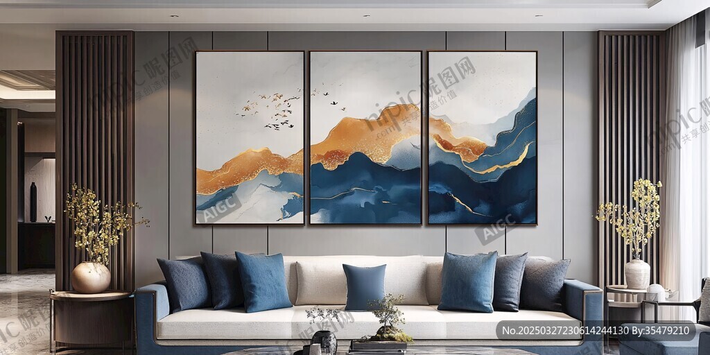 现代客厅中的山水装饰画