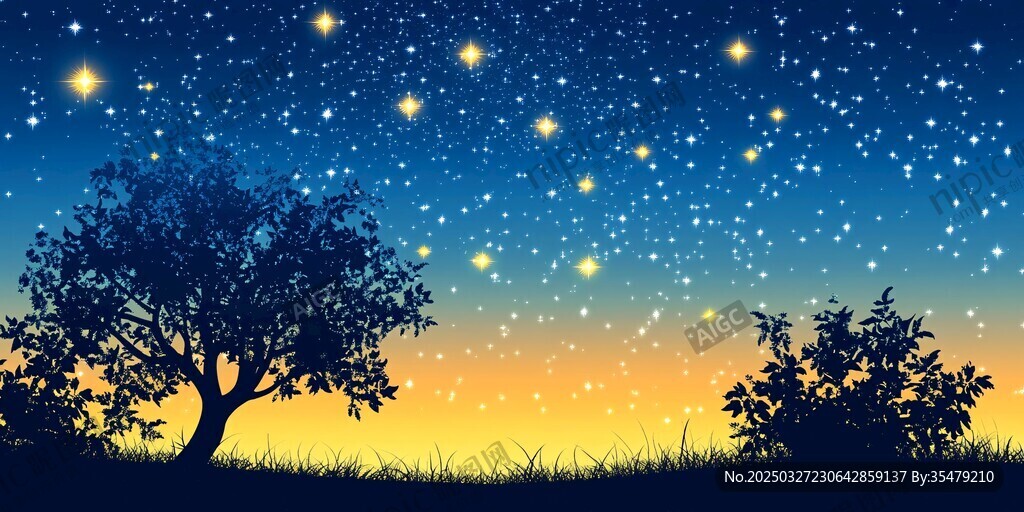 夜幕下的星空与树木剪影