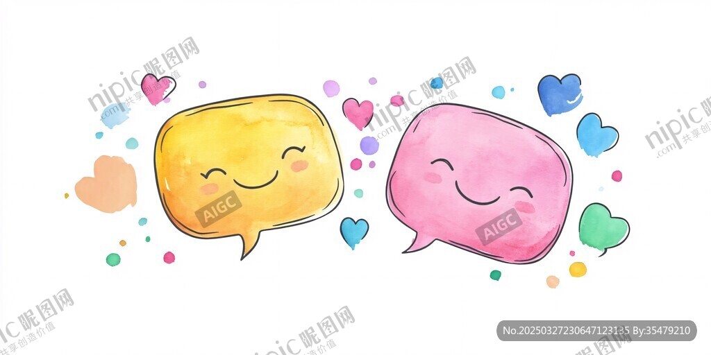 可爱笑脸对话气泡水彩插画