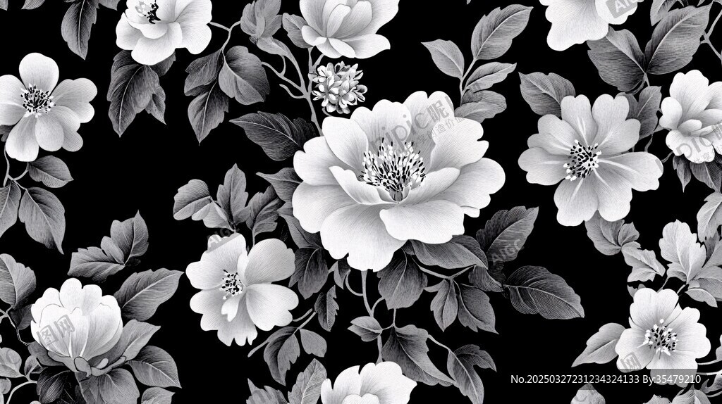 黑白花卉图案设计素材