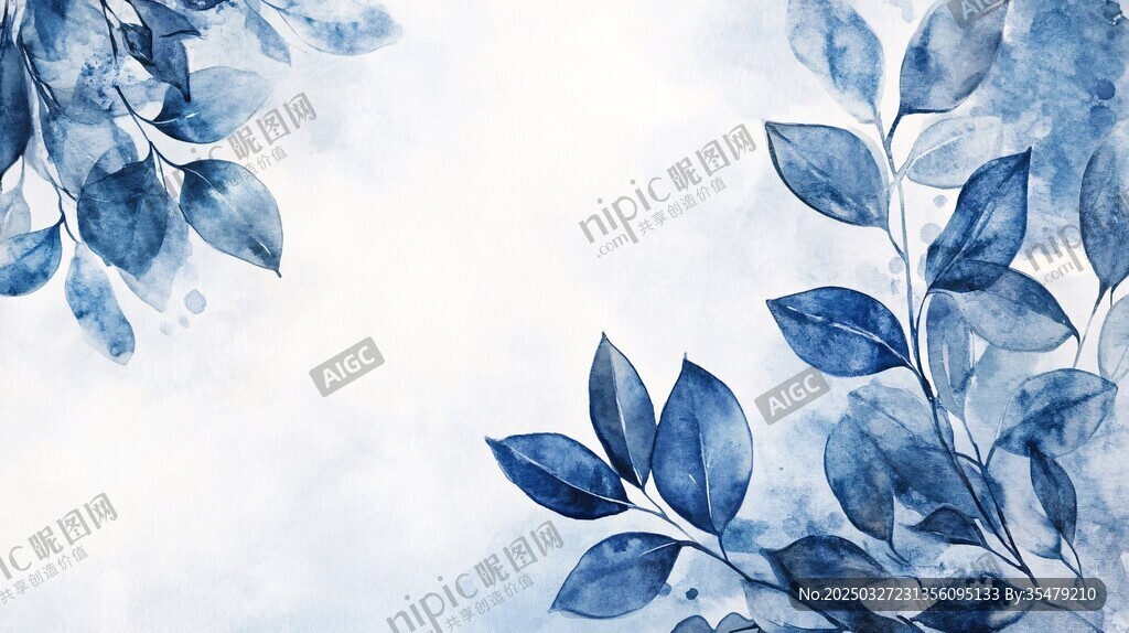 蓝叶水彩画 清新自然风