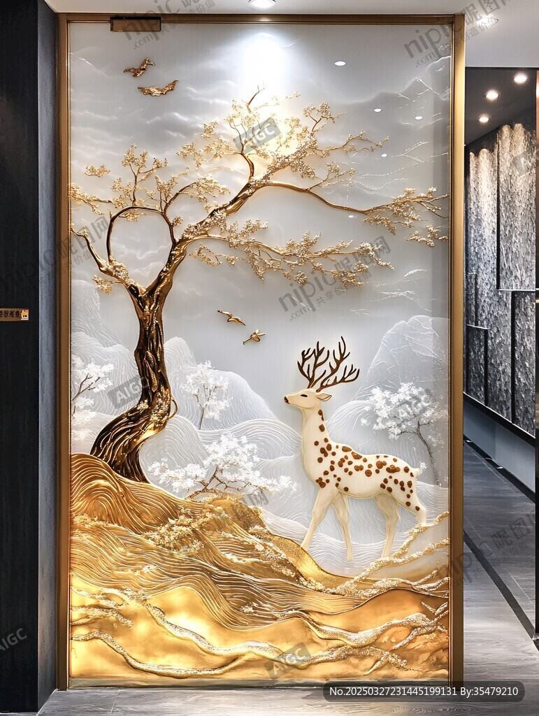 中式金树白鹿玄关艺术画