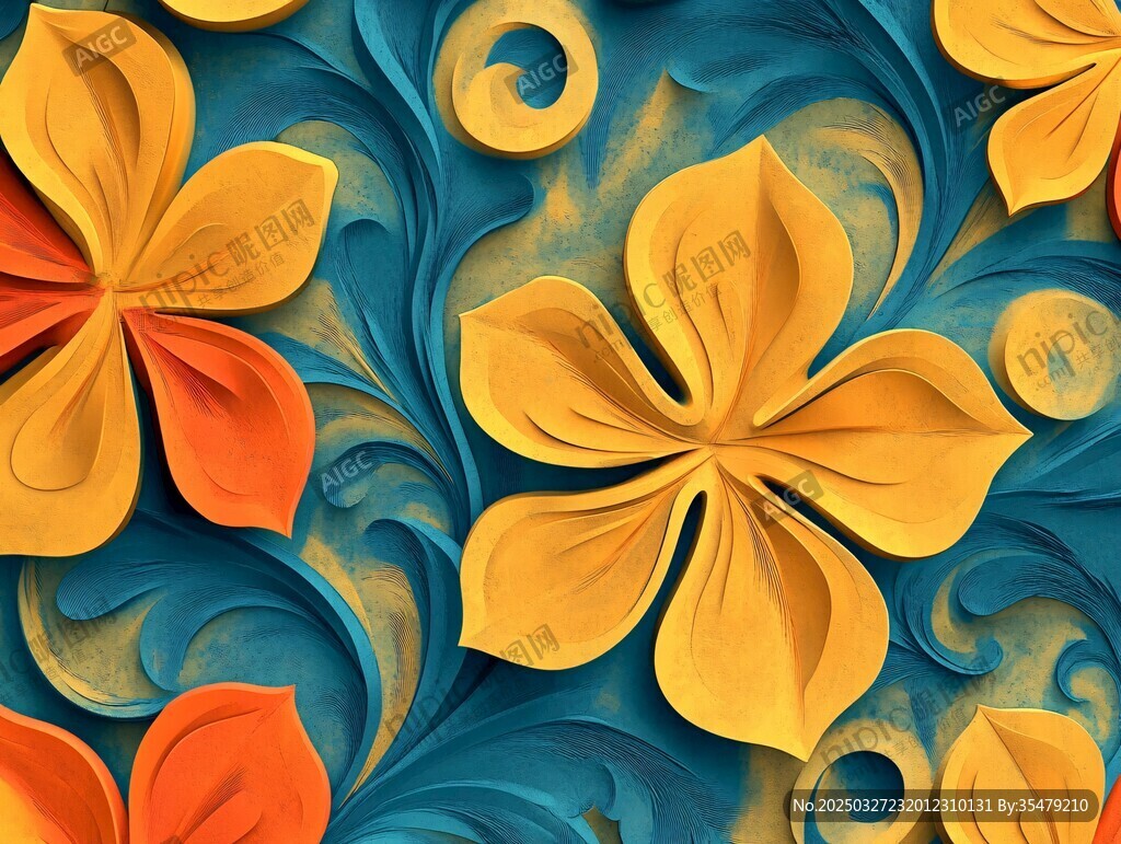 立体花卉蓝黄背景图案