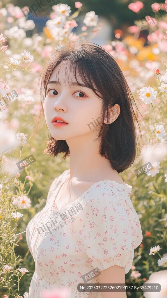 花丛中的清新短发少女