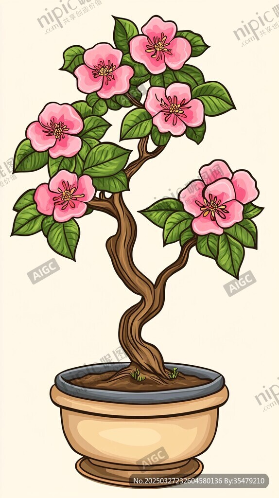 粉色盆栽花卉插画
