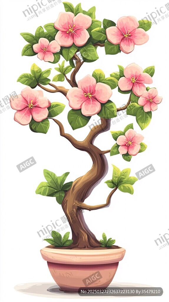 粉色盆栽花卉插画