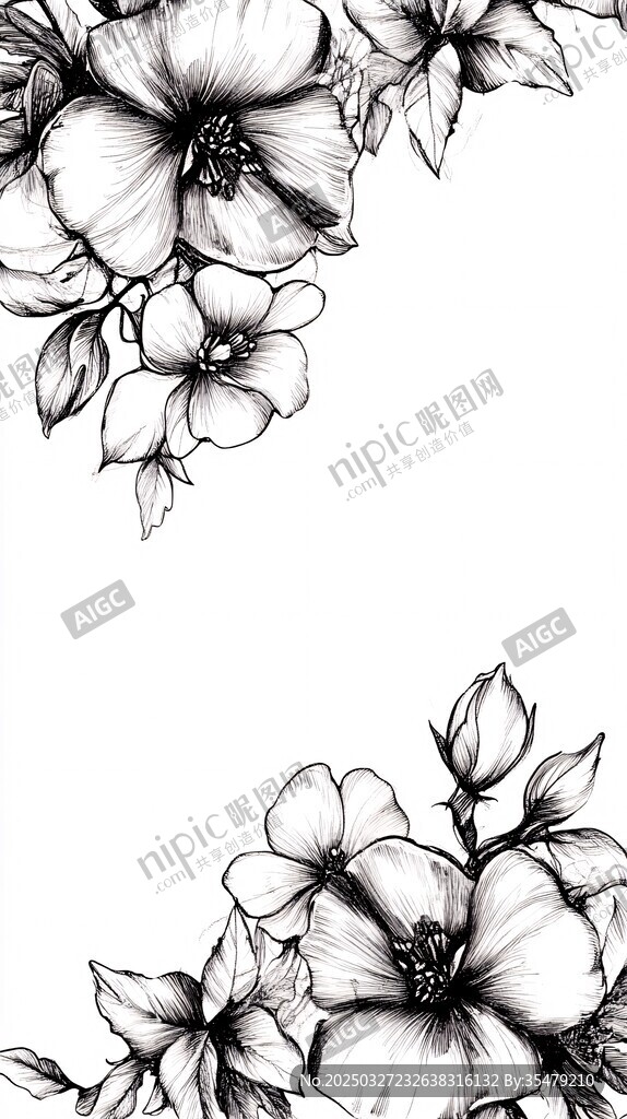 黑白花卉边框插画设计