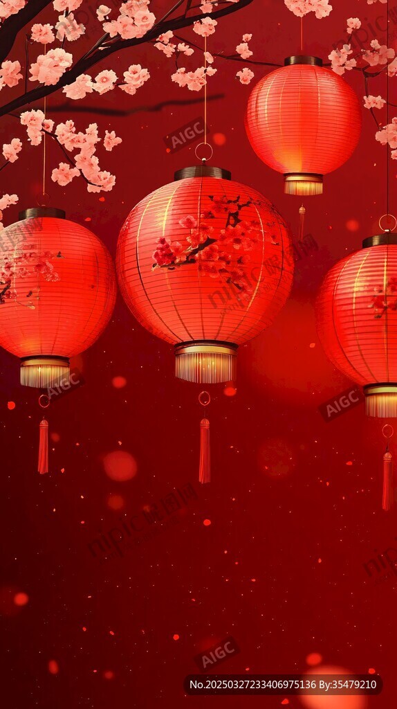 喜庆红灯笼伴烂漫花枝