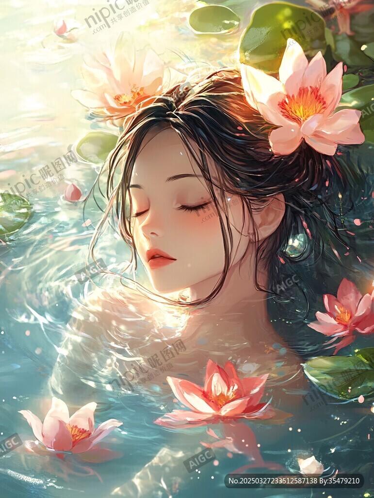 水中睡莲少女静谧之美