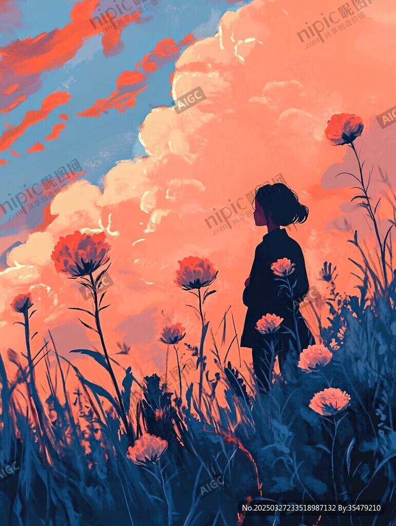 女孩于花海中凝望天空