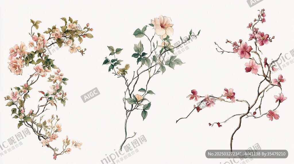 手绘中式花卉植物插画