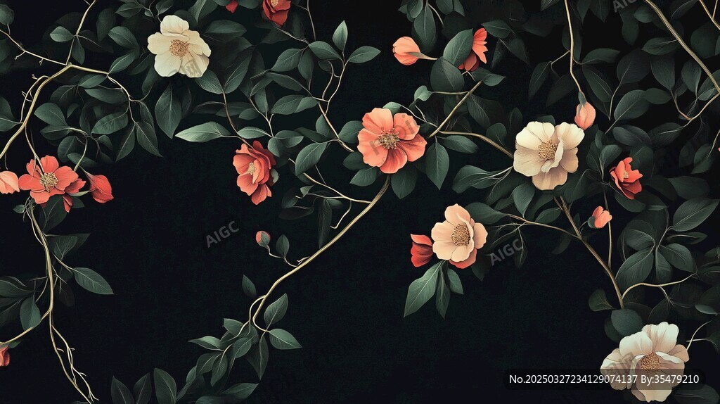 黑色背景上的绚烂花卉图案