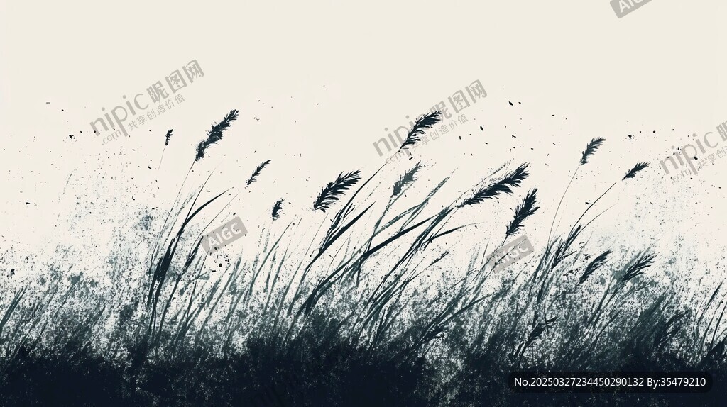 水墨风摇曳野草图景