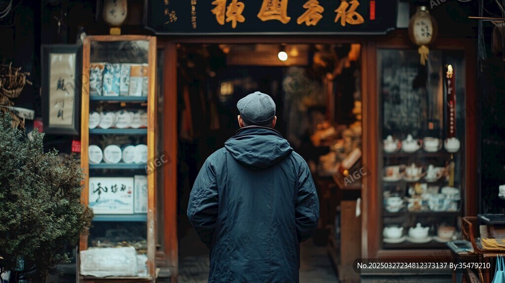 老人驻足古雅瓷器店前