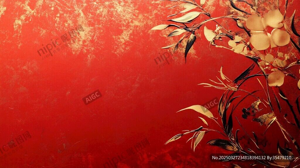 红底金枝花卉中式背景图