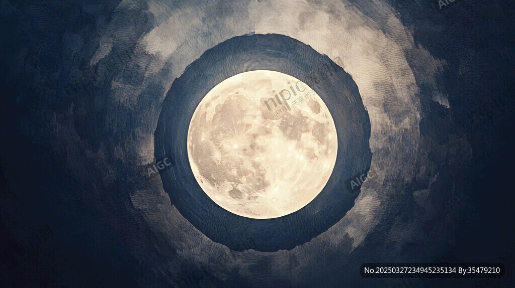 夜空下的满月与朦胧云彩