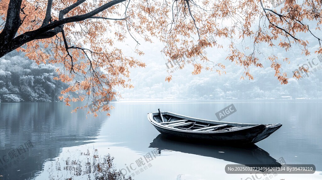 秋湖孤舟 静谧诗意之景