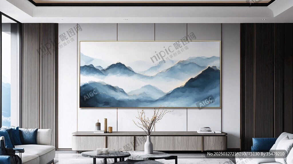 现代客厅中的山水艺术挂画
