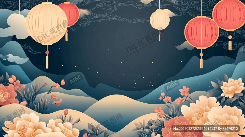 中式夜景灯笼花卉山水画