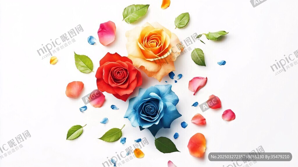 三色玫瑰与散落花叶
