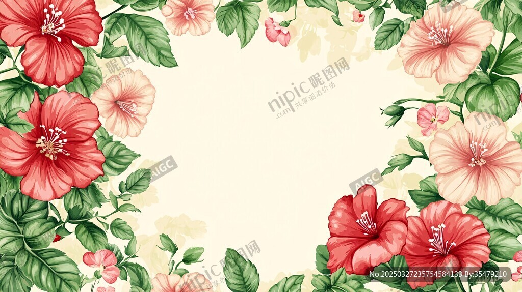 芙蓉花环绕的清新花卉边框