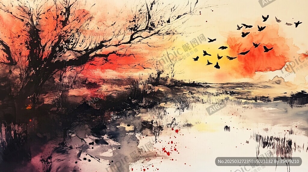 夕阳飞鸟图 水墨风画作