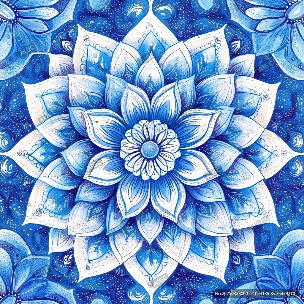 蓝白曼陀罗花纹艺术图案