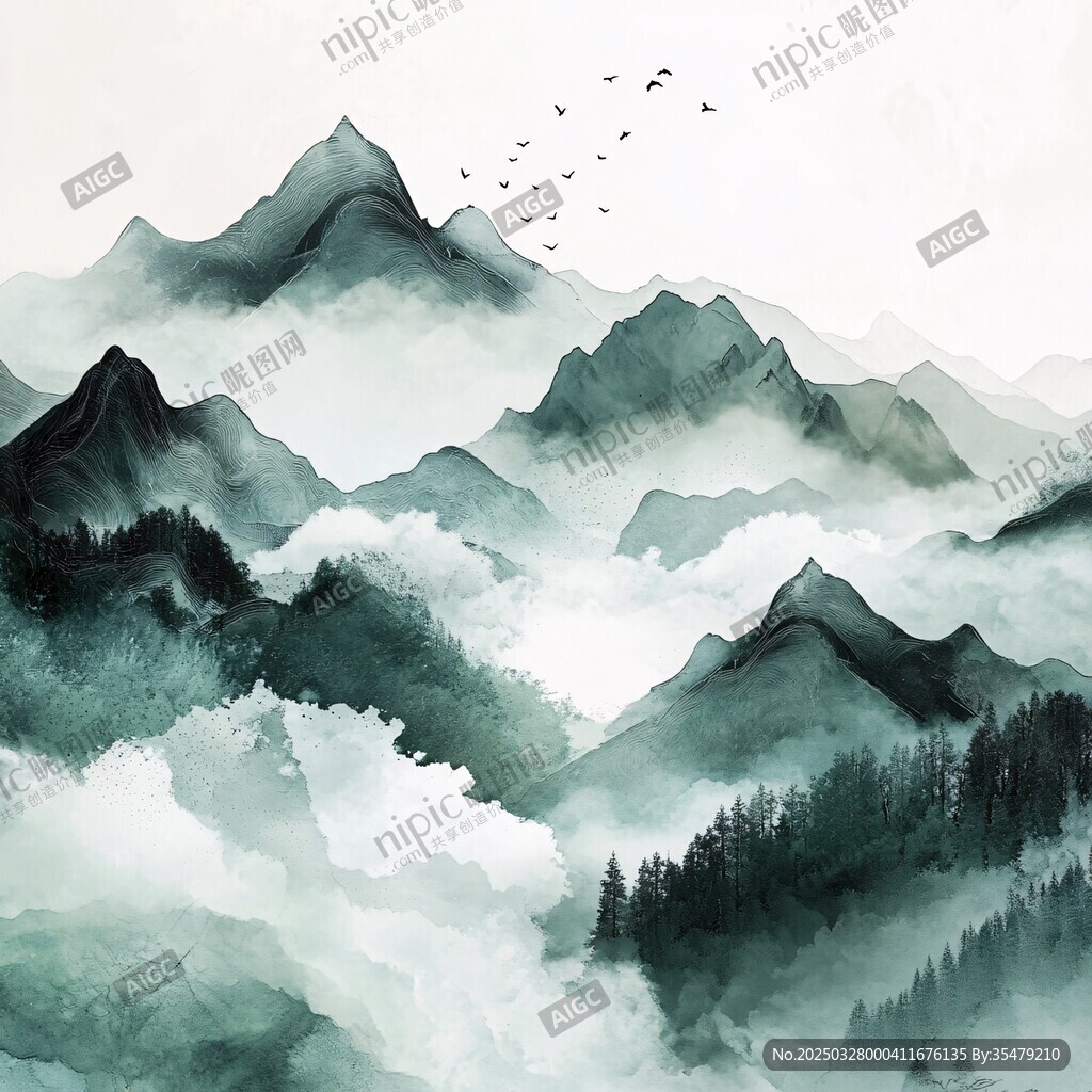水墨群山飞鸟图