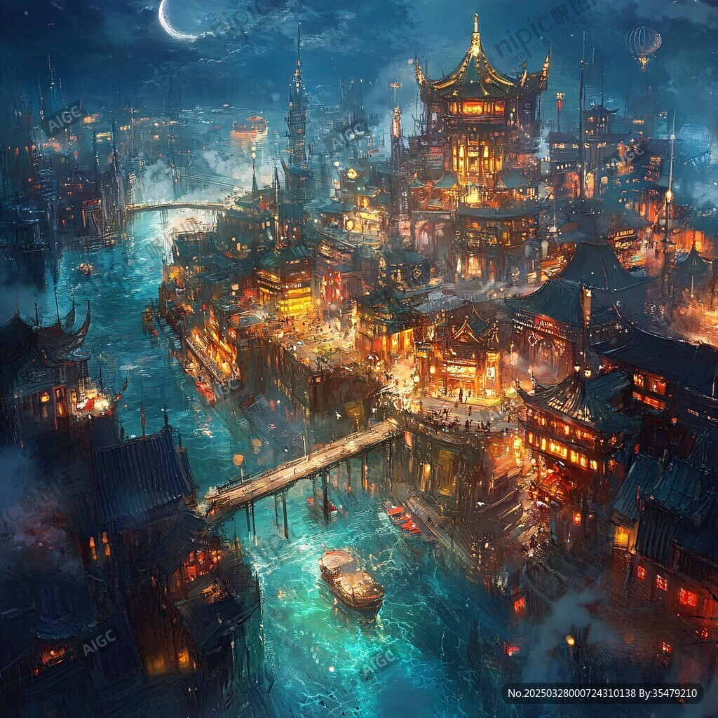 奇幻古风夜下的梦幻水乡