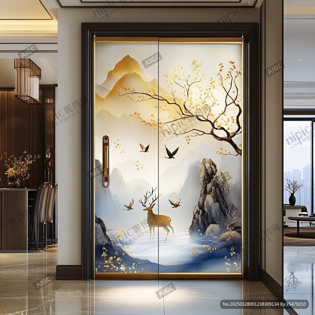 中式山水花鸟移门装饰画