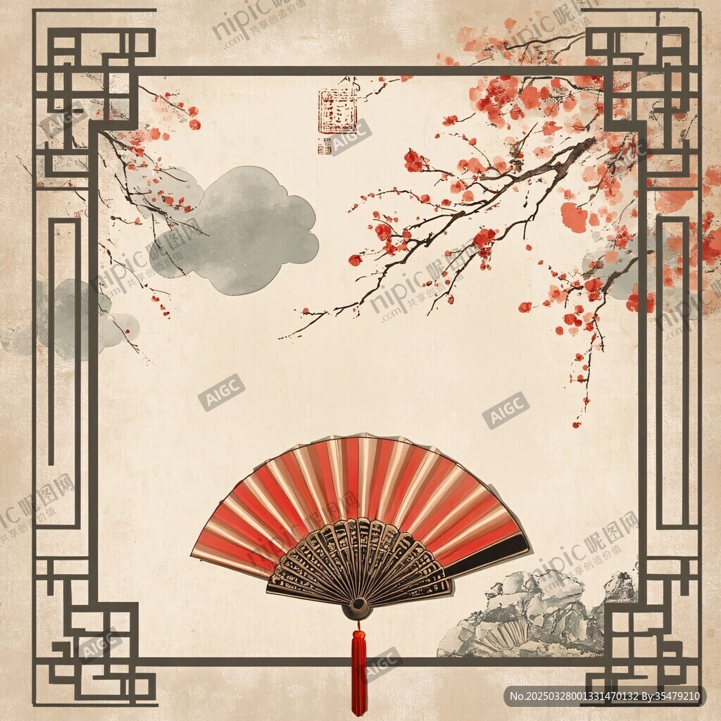 中式折扇与红梅雅致图景