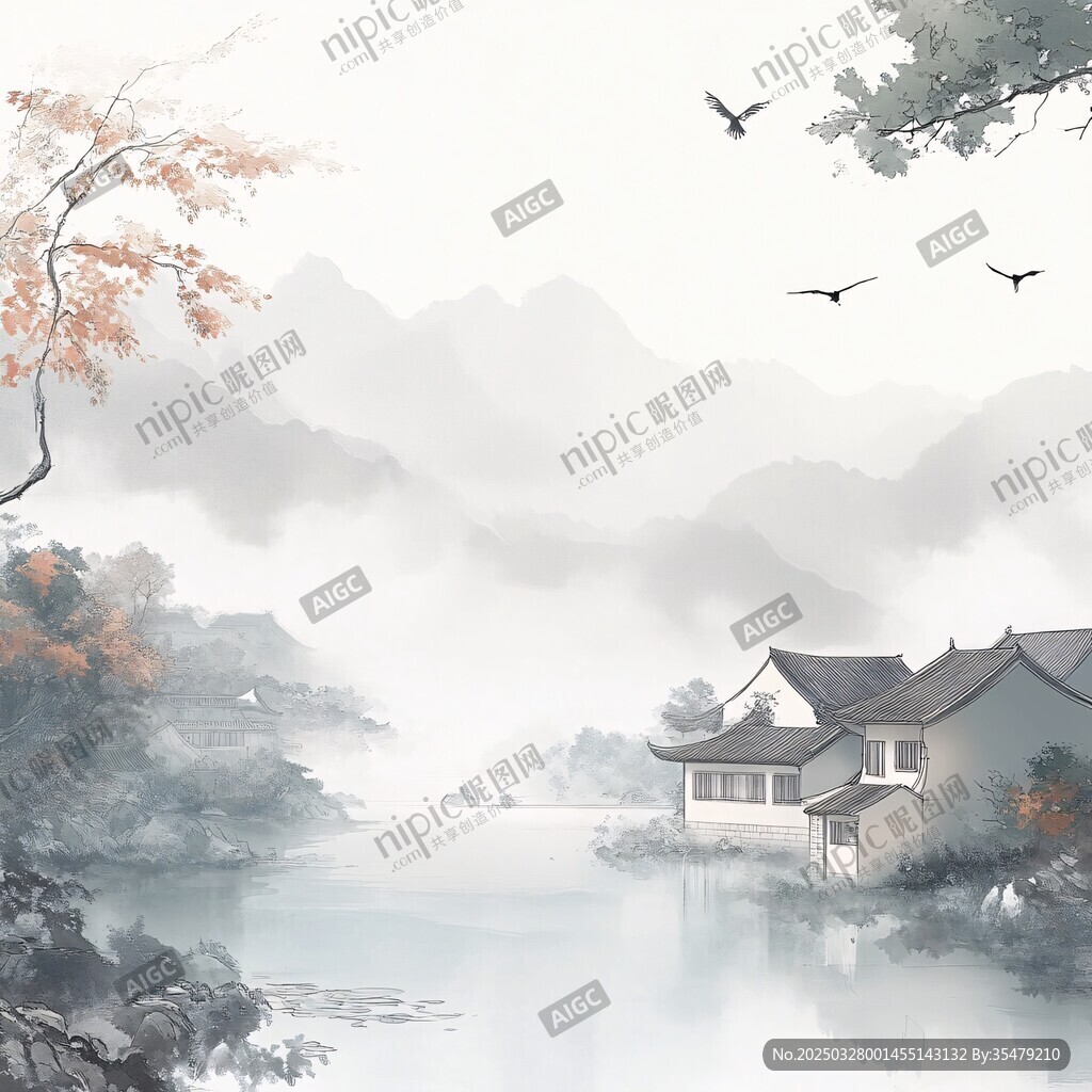 水墨江南山水人家美景