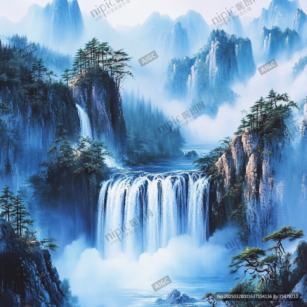 水墨山水间的瀑布奇景
