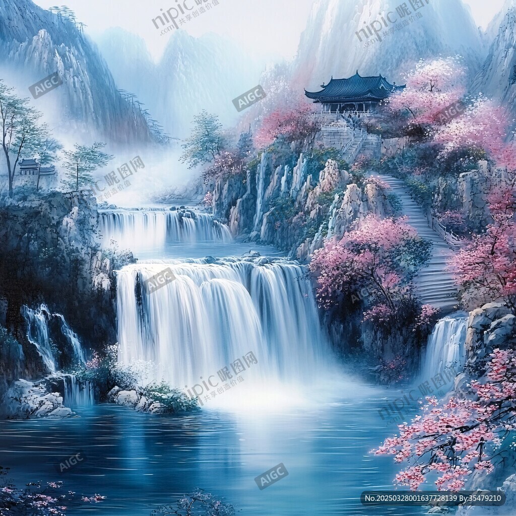 山水瀑布间的诗意中式美景