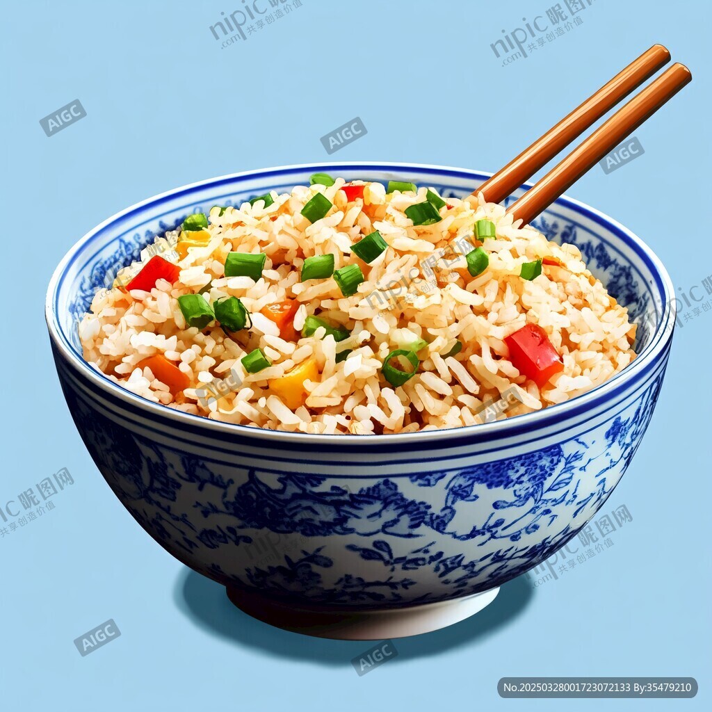青花瓷碗中的美味蛋炒饭