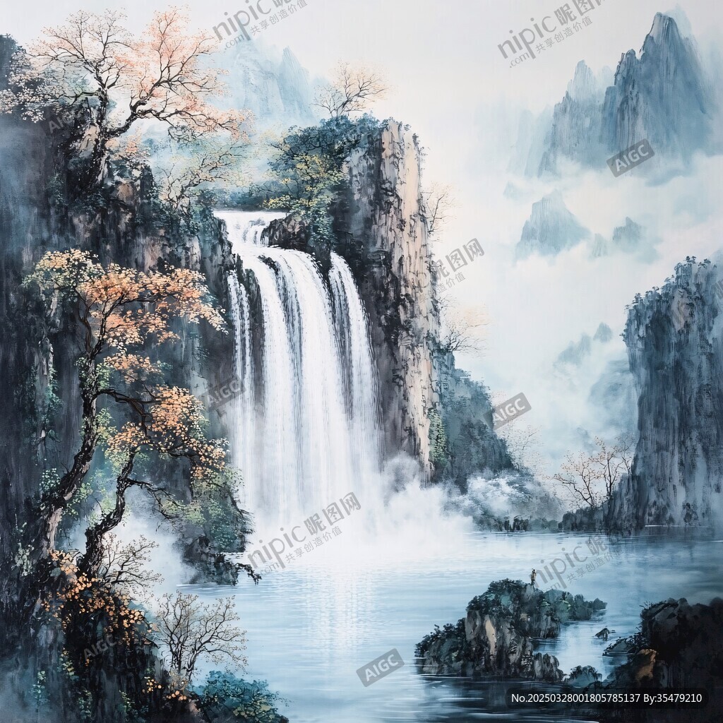 山水瀑布国画美景