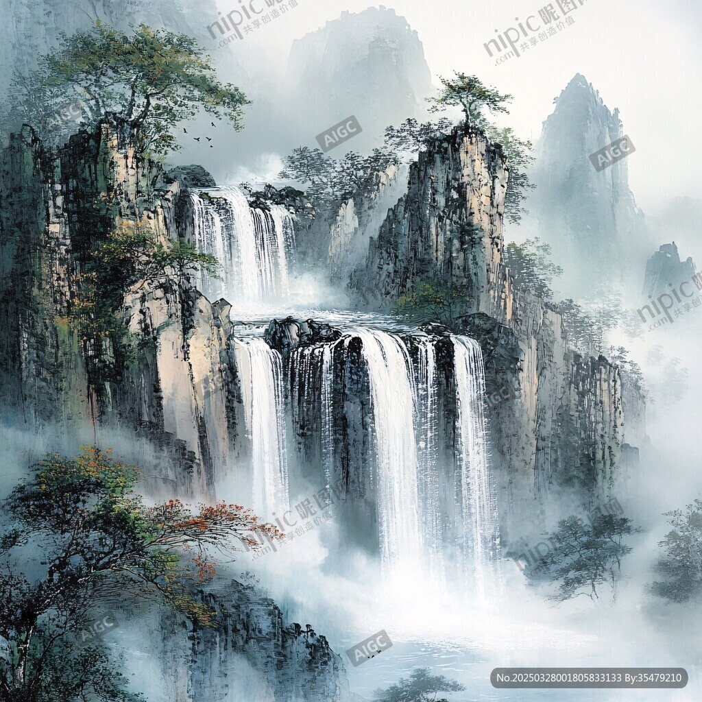 水墨山水瀑布意境图