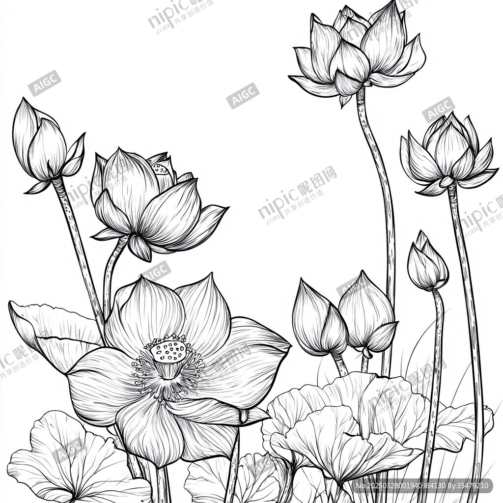 黑白线描荷花优雅绽放