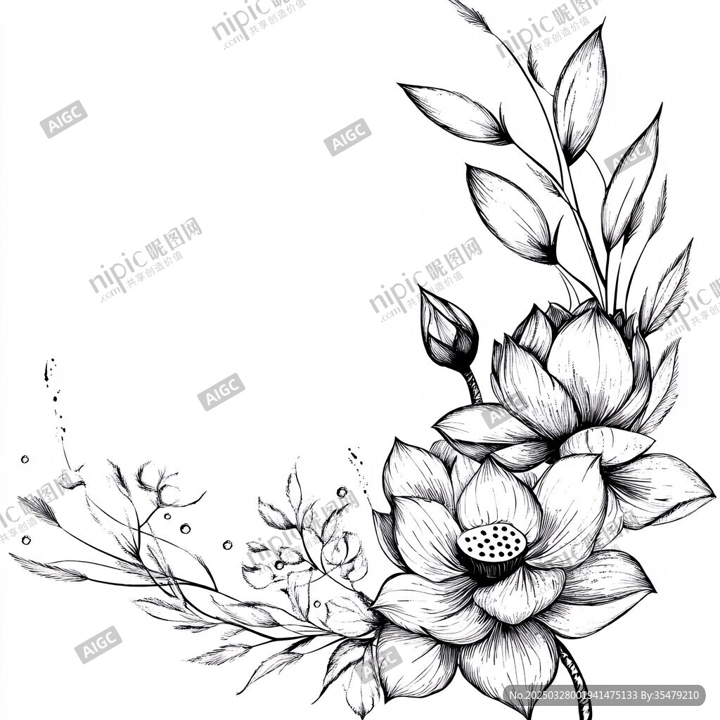 黑白手绘荷花花卉装饰图