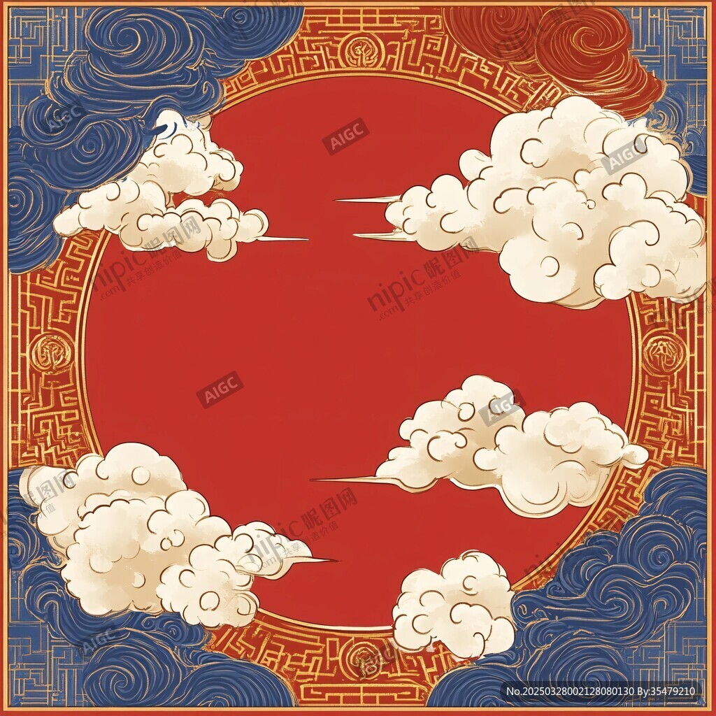 中式云纹红底边框图案