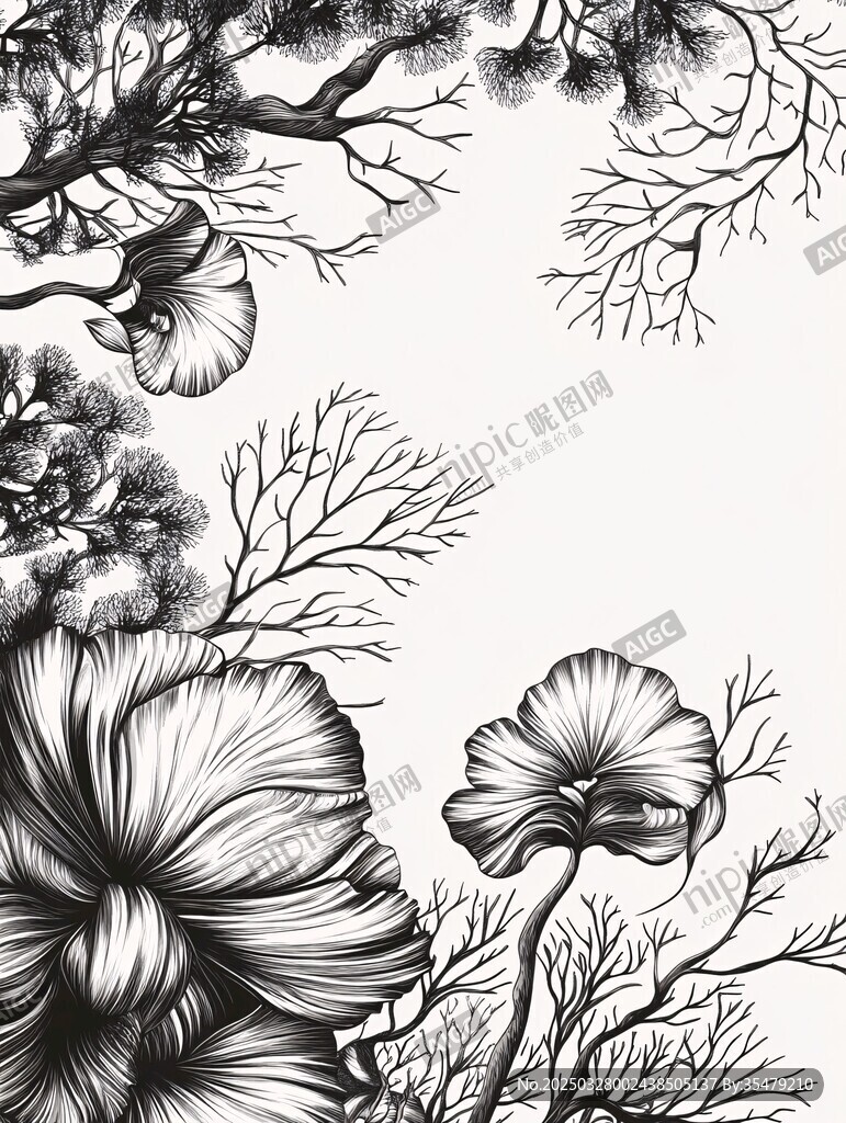 黑白花卉树枝装饰画