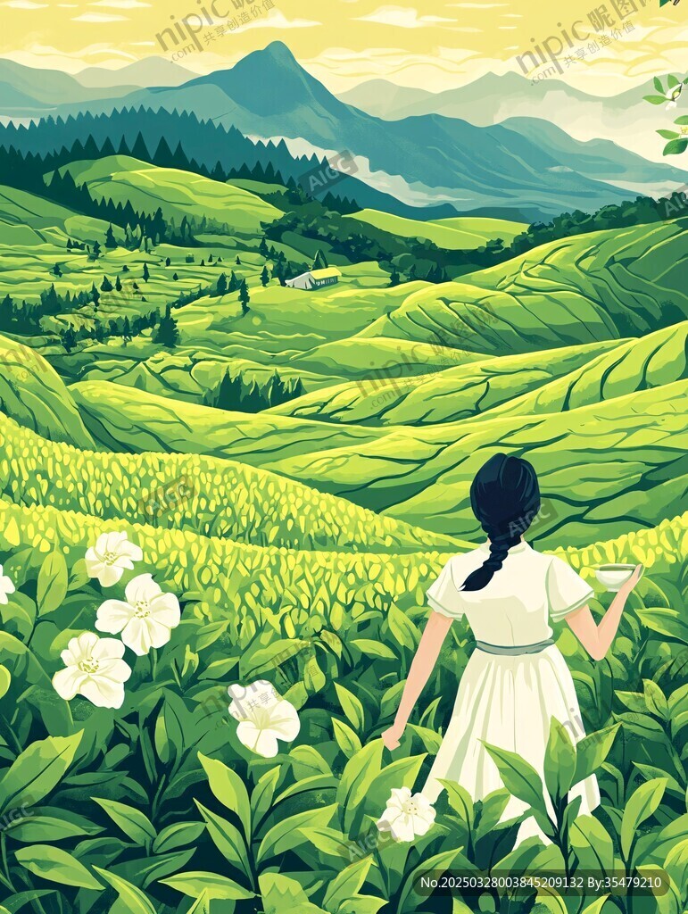 女孩漫步于绿野繁花间