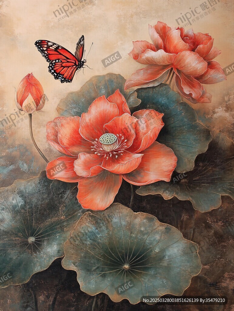 蝶舞红莲间