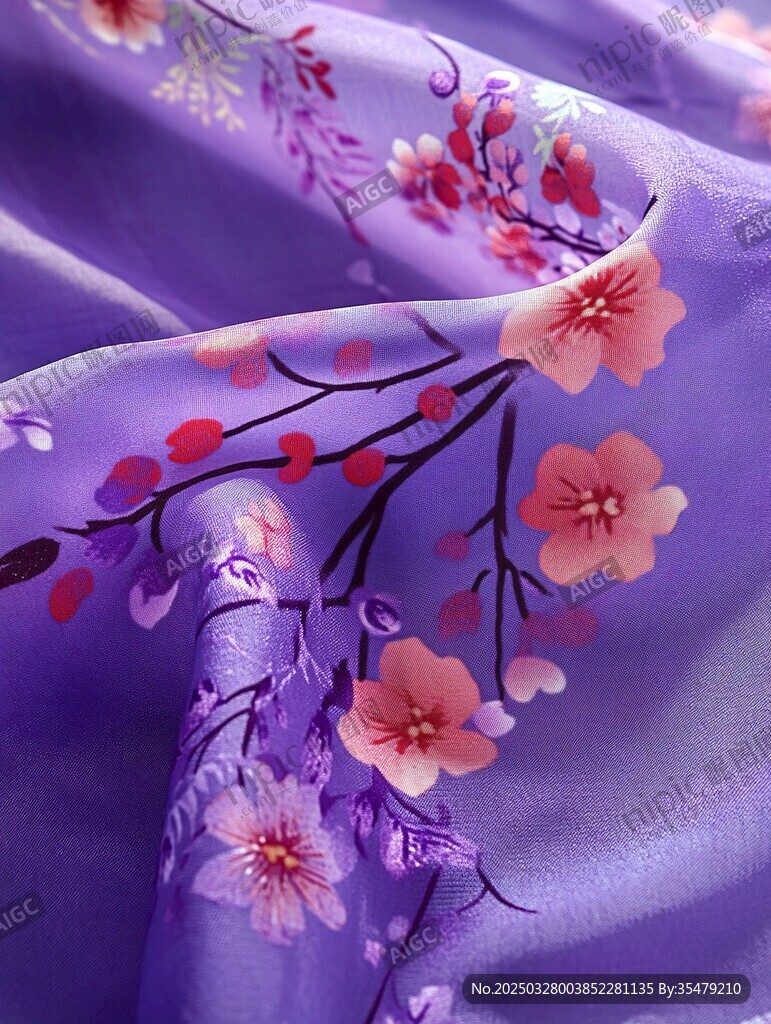 紫色花卉印花丝绸布料